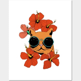 Cat And Hibiscus Flowers Posters and Art